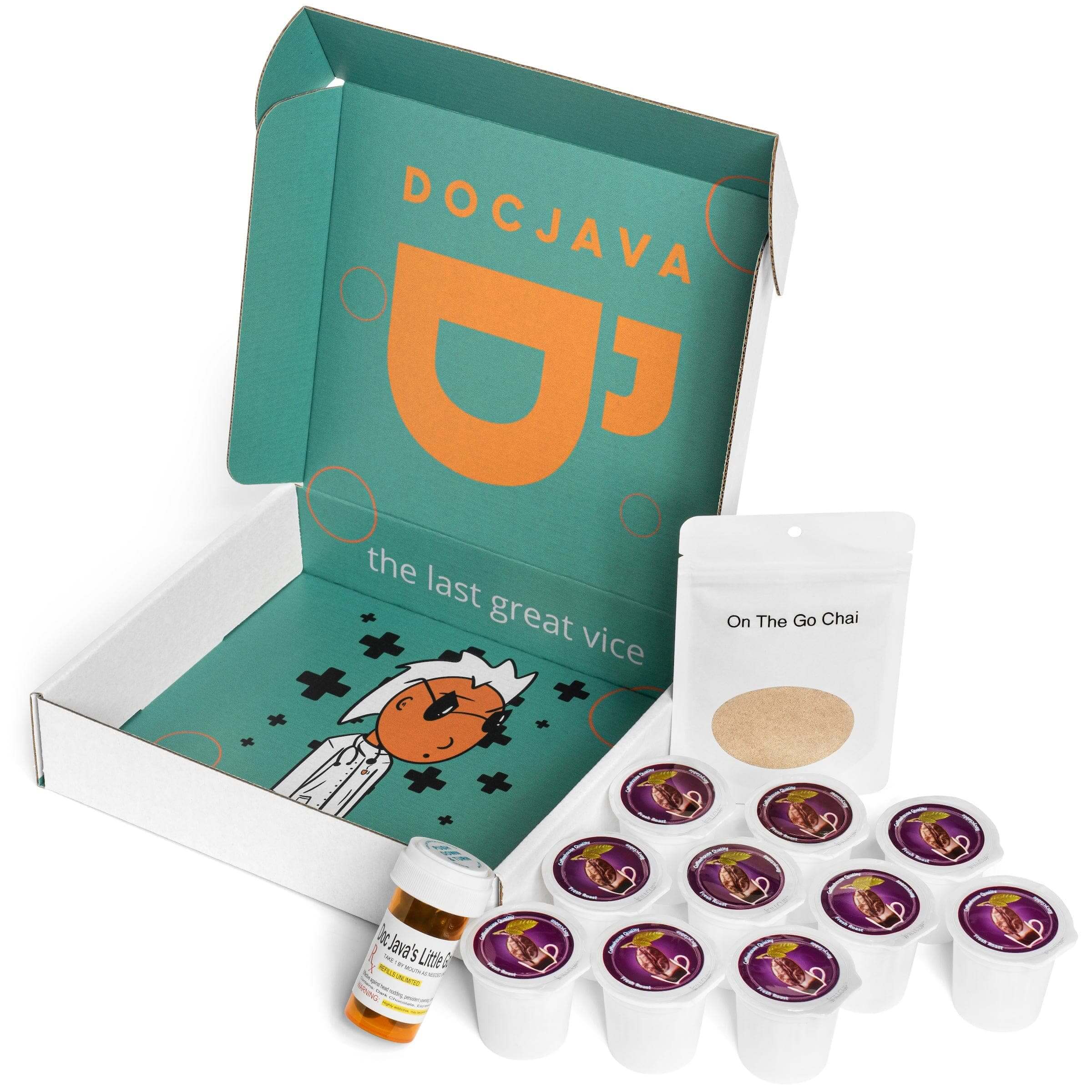 Doc java gogo pills, which are chocolate covered espresso beans in a medical container